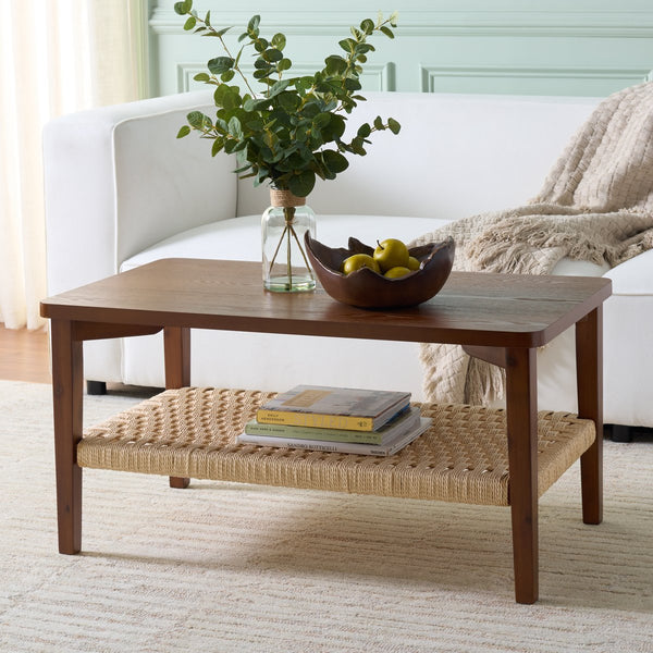 Safavieh Dino Coffee Table - Handcrafted Walnut Elegance With Unique Design & Sturdy Rope Details For Living Spaces Walnut Wood Cof2313a