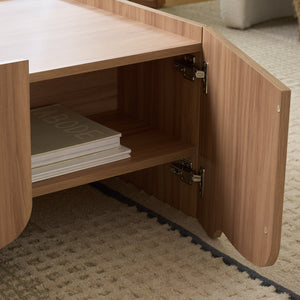 Takami Coffee Table With Warm Wood Finish, Minimalist Compact Design, Durable Scratch-Resistant Top