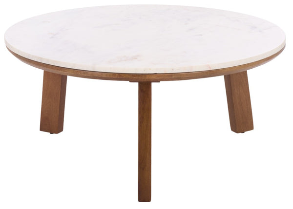 Safavieh Arkady Round Genuine Marble Top Coffee Table with Warm Wood Base for Living Rooms White / Brown COF3705A