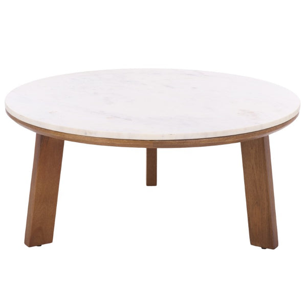 Safavieh Arkady Round Genuine Marble Top Coffee Table with Warm Wood Base for Living Rooms White / Brown COF3705A