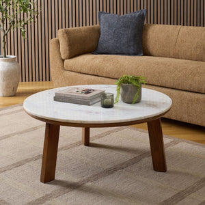 Safavieh Arkady Round Genuine Marble Top Coffee Table with Warm Wood Base for Living Rooms White / Brown COF3705A