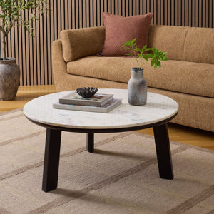 Safavieh Arkady Round Genuine Marble Top Coffee Table with Warm Wood Base for Living Rooms White / Black COF3705B