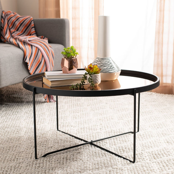 Safavieh Ruby Round Tray-Top Coffee Table - Luxe Black Wood Frame With Rose Gold Glass For Modern Spaces COF4205A