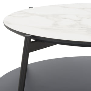 Safavieh Alexy Round Coffee Table - Modern Minimalist Design With Asymmetrical Tiers, White Marble & Black Shelf COF4210A