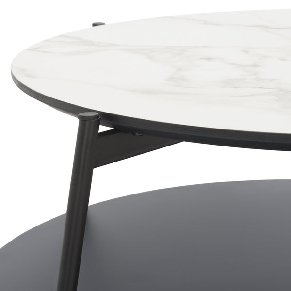 Safavieh Alexy Round Coffee Table - Modern Minimalist Design With Asymmetrical Tiers, White Marble & Black Shelf COF4210A