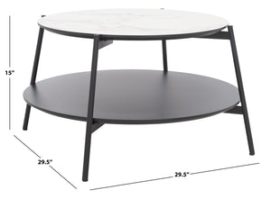 Safavieh Alexy Round Coffee Table - Modern Minimalist Design With Asymmetrical Tiers, White Marble & Black Shelf COF4210A