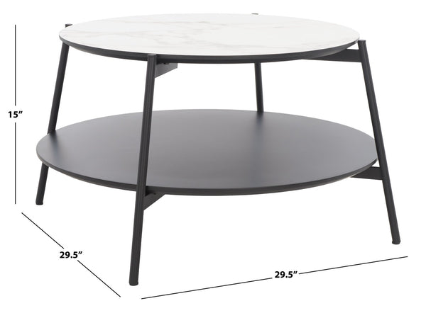 Safavieh Alexy Round Coffee Table - Modern Minimalist Design With Asymmetrical Tiers, White Marble & Black Shelf COF4210A