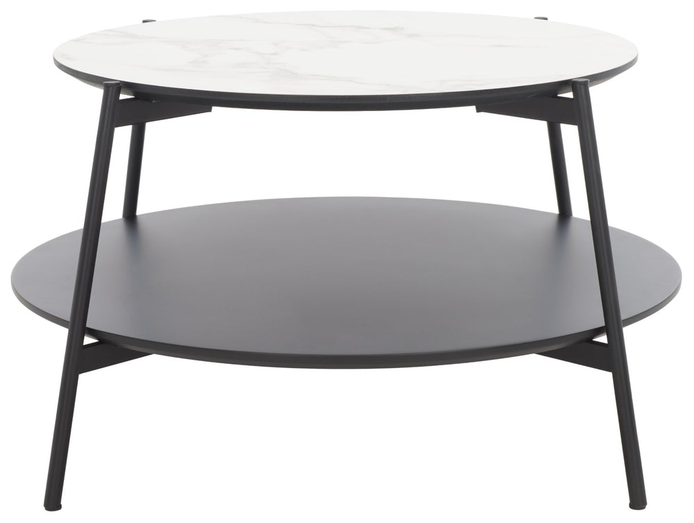 Safavieh Alexy Round Coffee Table - Modern Minimalist Design With Asymmetrical Tiers, White Marble & Black Shelf COF4210A