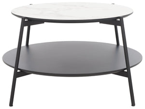 Safavieh Alexy Round Coffee Table - Modern Minimalist Design With Asymmetrical Tiers, White Marble & Black Shelf COF4210A