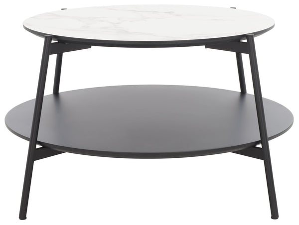 Safavieh Alexy Round Coffee Table - Modern Minimalist Design With Asymmetrical Tiers, White Marble & Black Shelf COF4210A