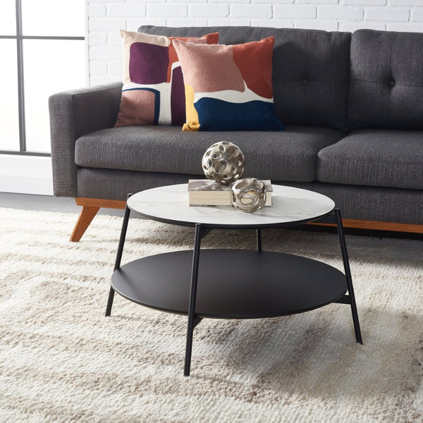 Safavieh Alexy Round Coffee Table - Modern Minimalist Design With Asymmetrical Tiers, White Marble & Black Shelf COF4210A