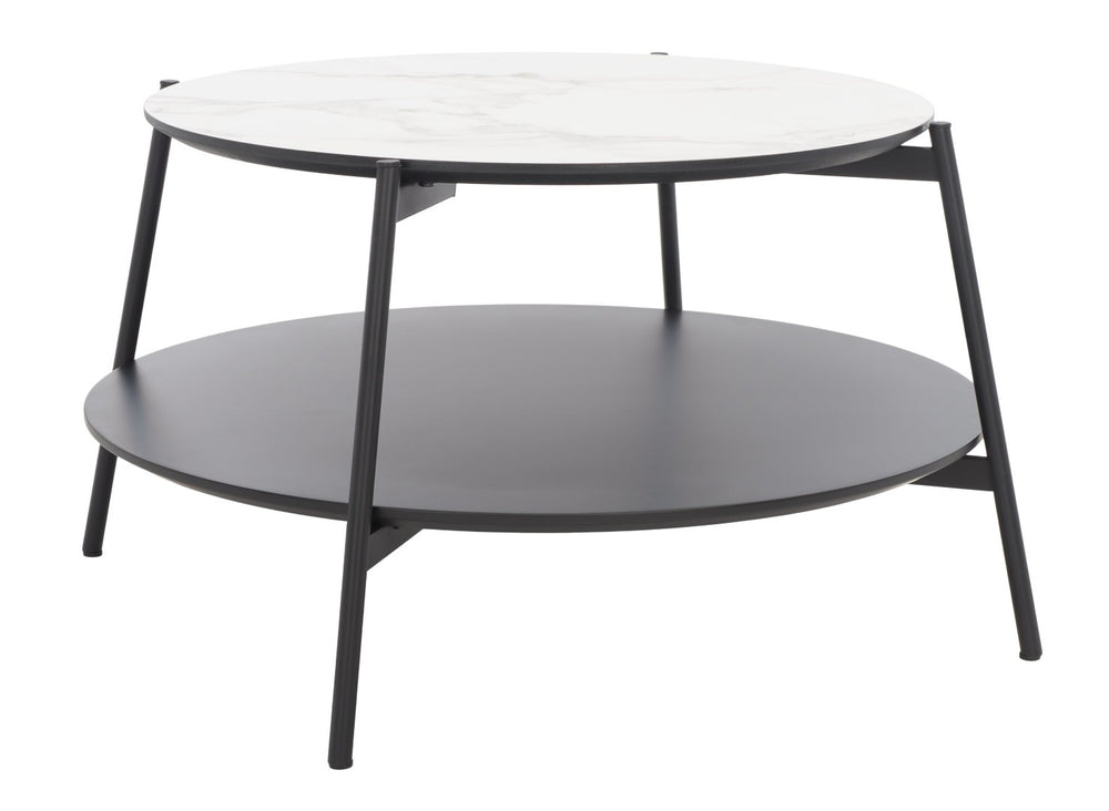 Safavieh Alexy Round Coffee Table - Modern Minimalist Design With Asymmetrical Tiers, White Marble & Black Shelf COF4210A