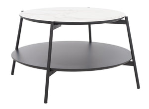 Safavieh Alexy Round Coffee Table - Modern Minimalist Design With Asymmetrical Tiers, White Marble & Black Shelf COF4210A