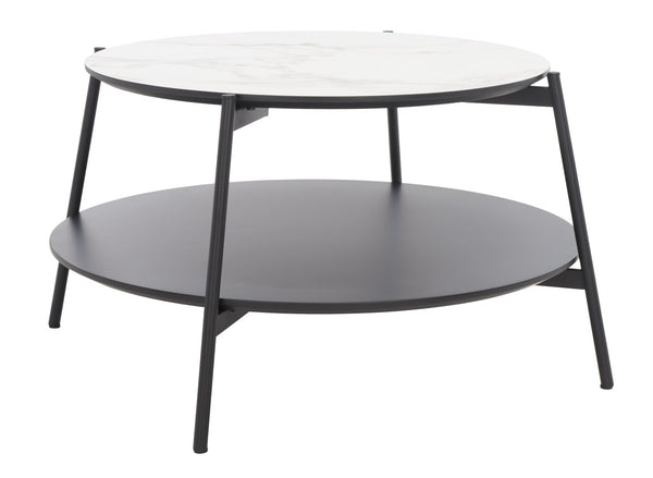 Safavieh Alexy Round Coffee Table - Modern Minimalist Design With Asymmetrical Tiers, White Marble & Black Shelf COF4210A
