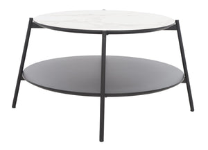 Safavieh Alexy Round Coffee Table - Modern Minimalist Design With Asymmetrical Tiers, White Marble & Black Shelf COF4210A