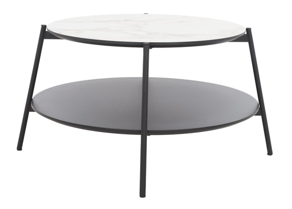 Safavieh Alexy Round Coffee Table - Modern Minimalist Design With Asymmetrical Tiers, White Marble & Black Shelf COF4210A