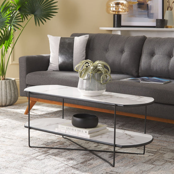 Safavieh Marlee Coffee Table - Modern Centerpiece With Curved Top, Sleek Design, And Practical Storage Shelf White Faux Paper Marble / Black COF4222B