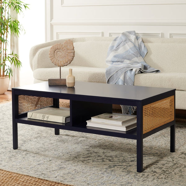 Safavieh Miya Coffee Table - Minimalist Rattan & Wood Design With Practical Storage For Stylish Living Spaces Navy / Natural COF5002E