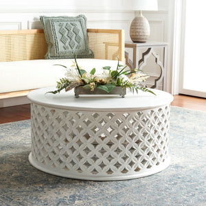 Safavieh Kaydix Round Coffee Table With Moroccan-Inspired Design For Contemporary Coastal Chic Living Spaces White Wash COF5300A