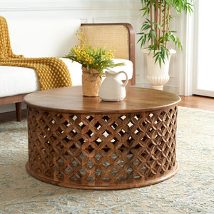 Safavieh Kaydix Round Coffee Table With Moroccan-Inspired Design For Contemporary Coastal Chic Living Spaces Burnt Natural COF5300B