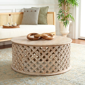 Safavieh Kaydix Round Coffee Table With Moroccan-Inspired Design For Contemporary Coastal Chic Living Spaces Burnt White COF5300D