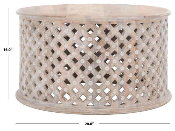 Safavieh Kyrith Round Coffee Table - Moroccan-Inspired Elegance With Open Lattice Base For Coastal Chic Living Rooms Burnt White COF5301A