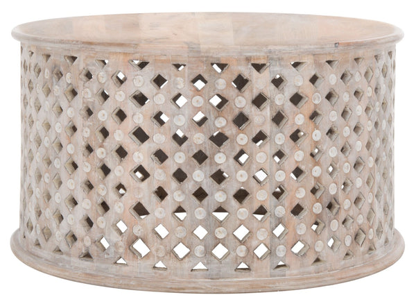 Safavieh Kyrith Round Coffee Table - Moroccan-Inspired Elegance With Open Lattice Base For Coastal Chic Living Rooms Burnt White COF5301A