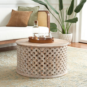 Safavieh Kyrith Round Coffee Table - Moroccan-Inspired Elegance With Open Lattice Base For Coastal Chic Living Rooms Burnt White COF5301A
