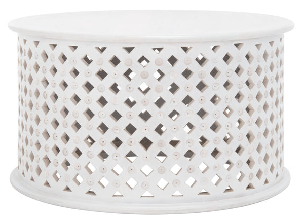 Safavieh Kyrith Round Coffee Table - Moroccan-Inspired Elegance With Open Lattice Base For Coastal Chic Living Rooms White Wash COF5301B