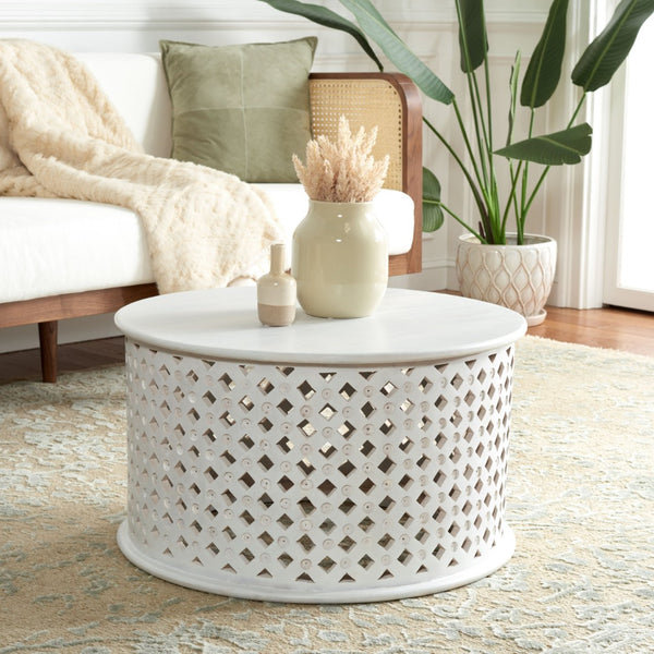Safavieh Kyrith Round Coffee Table - Moroccan-Inspired Elegance With Open Lattice Base For Coastal Chic Living Rooms White Wash COF5301B