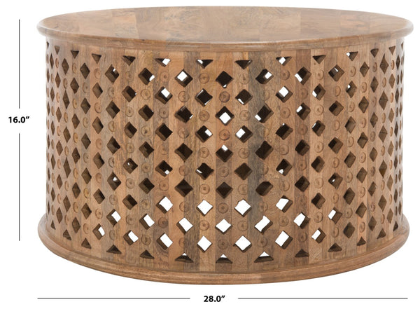 Safavieh Kyrith Round Coffee Table - Moroccan-Inspired Elegance With Open Lattice Base For Coastal Chic Living Rooms Burnt Natural COF5301C