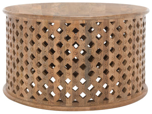 Safavieh Kyrith Round Coffee Table - Moroccan-Inspired Elegance With Open Lattice Base For Coastal Chic Living Rooms Burnt Natural COF5301C