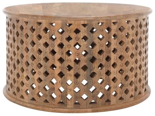 Safavieh Kyrith Round Coffee Table - Moroccan-Inspired Elegance With Open Lattice Base For Coastal Chic Living Rooms Burnt Natural COF5301C