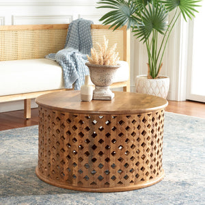 Safavieh Kyrith Round Coffee Table - Moroccan-Inspired Elegance With Open Lattice Base For Coastal Chic Living Rooms Burnt Natural COF5301C