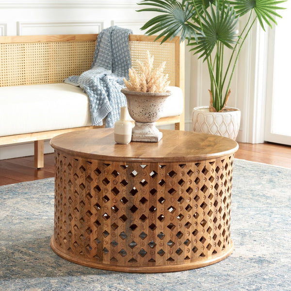 Safavieh Kyrith Round Coffee Table - Moroccan-Inspired Elegance With Open Lattice Base For Coastal Chic Living Rooms Burnt Natural COF5301C