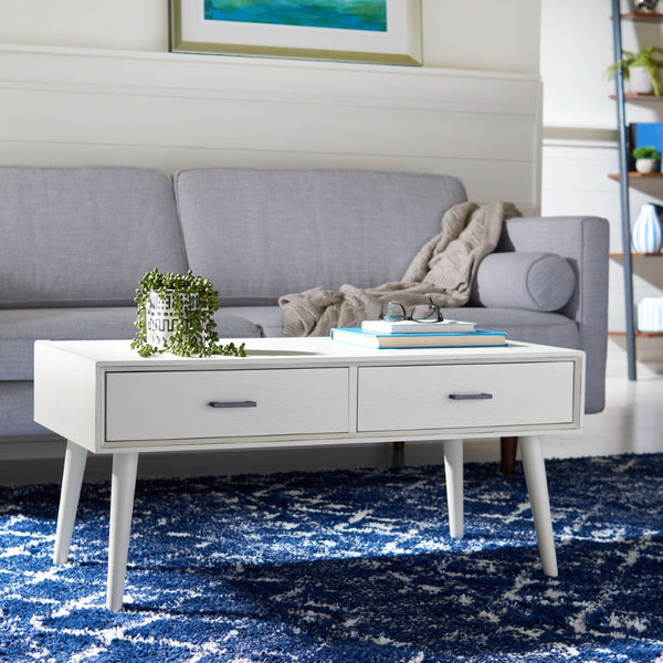 Safavieh Mozart Mid Century Coffee Table With 2 Drawers – Stylish Storage Solution For Cozy Living Spaces Distressed White COF5702A
