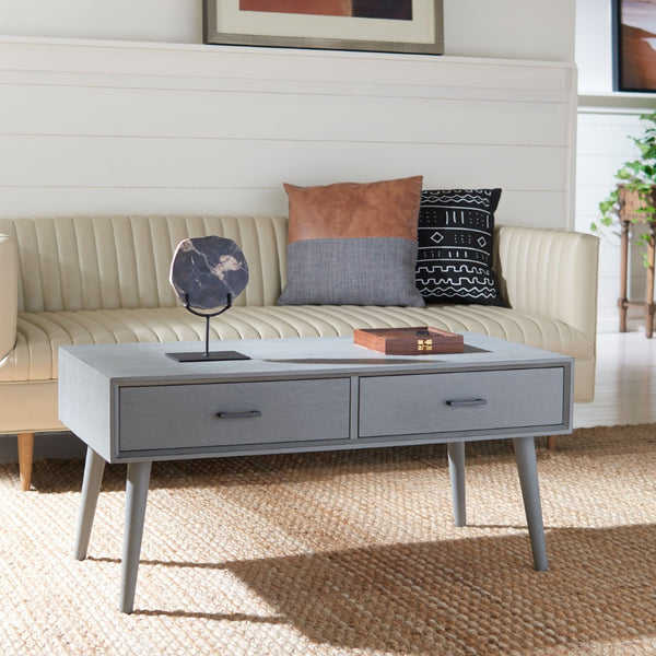Safavieh Mozart Mid Century Coffee Table With 2 Drawers – Stylish Storage Solution For Cozy Living Spaces Distressed Grey COF5702D