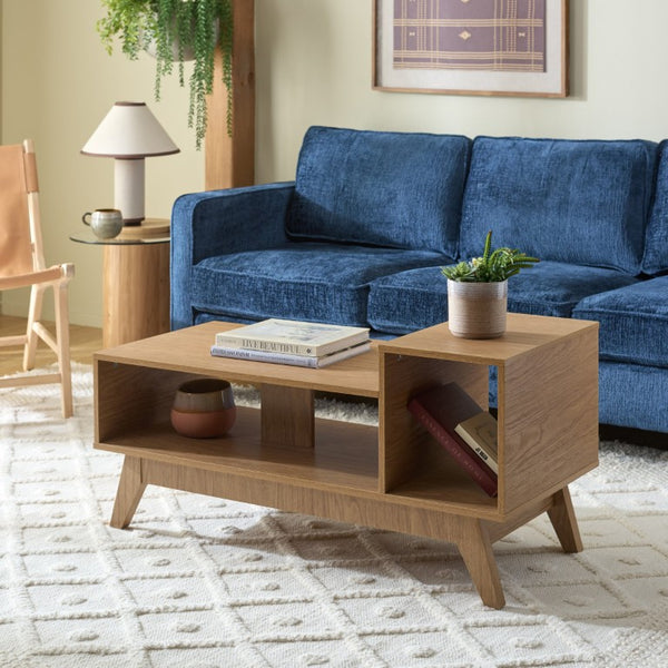 Safavieh Demora Upholstered Coffee Table with Asymmetrical Open Shelf for Modern Living Rooms COF5900A