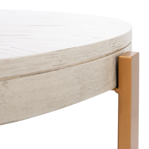 Safavieh Navya Modern Mixed-Media Coffee Table With Sculptural Gold Base And Elegant Wood-Texture Top White Wash/Gold COF6207A