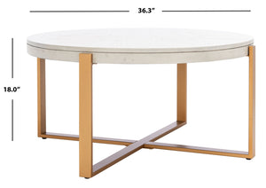 Safavieh Navya Modern Mixed-Media Coffee Table With Sculptural Gold Base And Elegant Wood-Texture Top White Wash/Gold COF6207A
