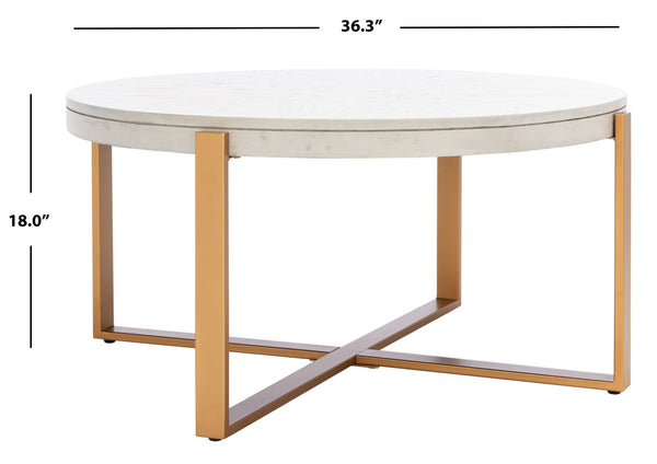 Safavieh Navya Modern Mixed-Media Coffee Table With Sculptural Gold Base And Elegant Wood-Texture Top White Wash/Gold COF6207A