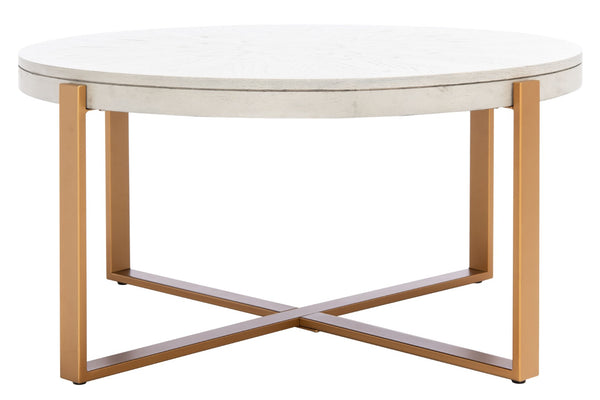 Safavieh Navya Modern Mixed-Media Coffee Table With Sculptural Gold Base And Elegant Wood-Texture Top White Wash/Gold COF6207A