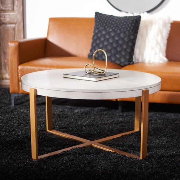 Safavieh Navya Modern Mixed-Media Coffee Table With Sculptural Gold Base And Elegant Wood-Texture Top White Wash/Gold COF6207A