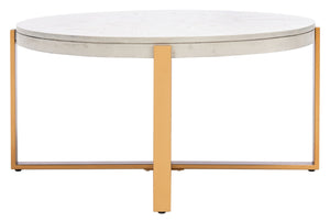 Safavieh Navya Modern Mixed-Media Coffee Table With Sculptural Gold Base And Elegant Wood-Texture Top White Wash/Gold COF6207A