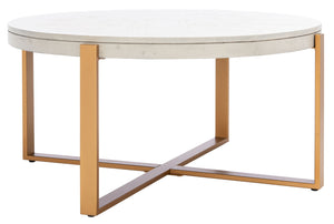 Safavieh Navya Modern Mixed-Media Coffee Table With Sculptural Gold Base And Elegant Wood-Texture Top White Wash/Gold COF6207A