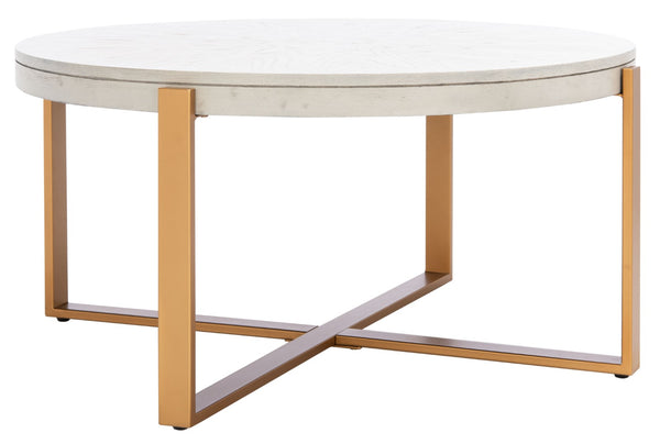 Safavieh Navya Modern Mixed-Media Coffee Table With Sculptural Gold Base And Elegant Wood-Texture Top White Wash/Gold COF6207A
