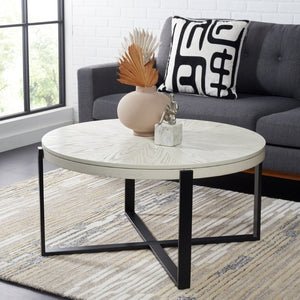 Safavieh Navya Modern Mixed-Media Coffee Table With Sculptural Gold Base And Elegant Wood-Texture Top White Wash Top / Black Legs COF6207C