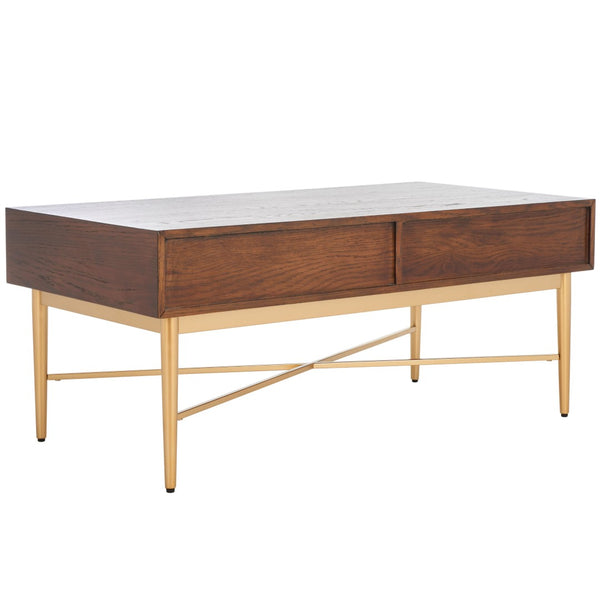 Safavieh Pierre Modern 2-Drawer Coffee Table – Elegant Walnut Top & Glam Gold Legs For Stylish Living Spaces Walnut / Gold COF6404A