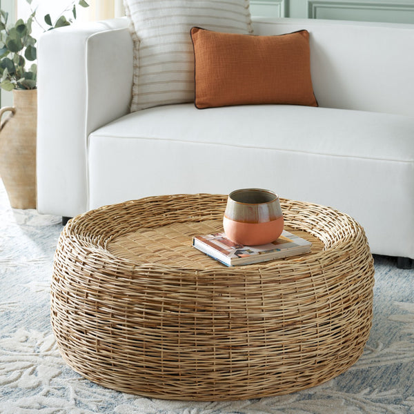Safavieh Mordekai Round Coffee Table – Handcrafted Rattan & Leles, Rustic Charm For Stylish Living Spaces Natural Rattan,Leles Cof6514a