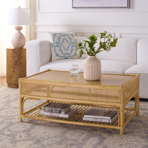 Webster Rectangle Coffee Table With Lower Shelf, Solid-Wood Look Finish, Minimalist Storage Accent